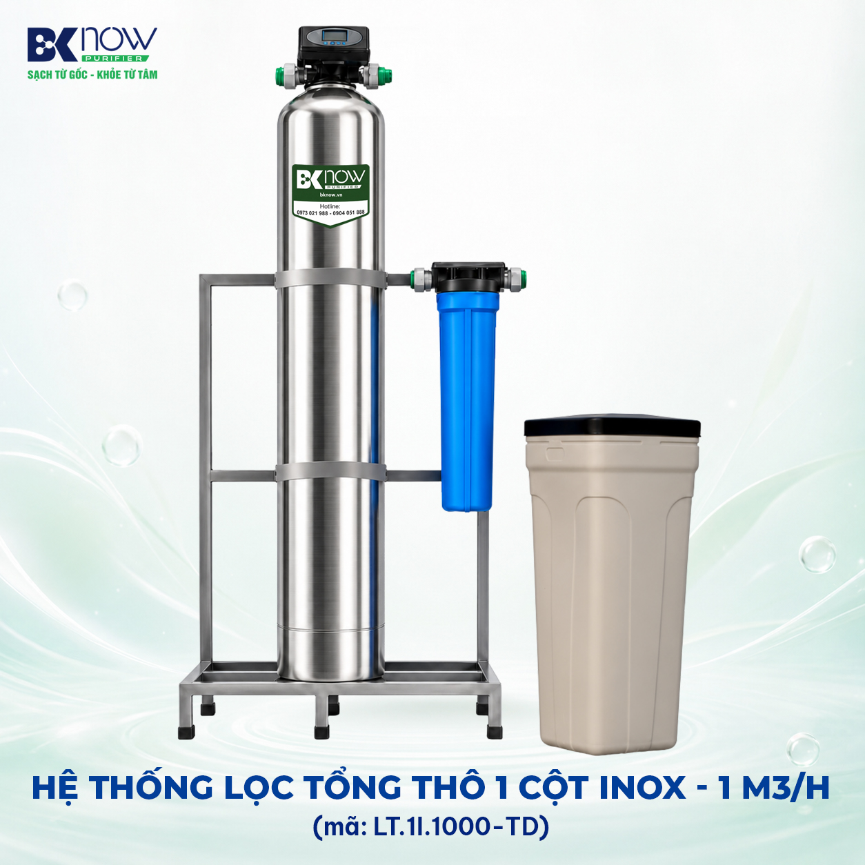 Hệ thống lọc nước sinh hoạt đầu nguồn 1000 lít/giờ - van tự động - 1 cột Inox