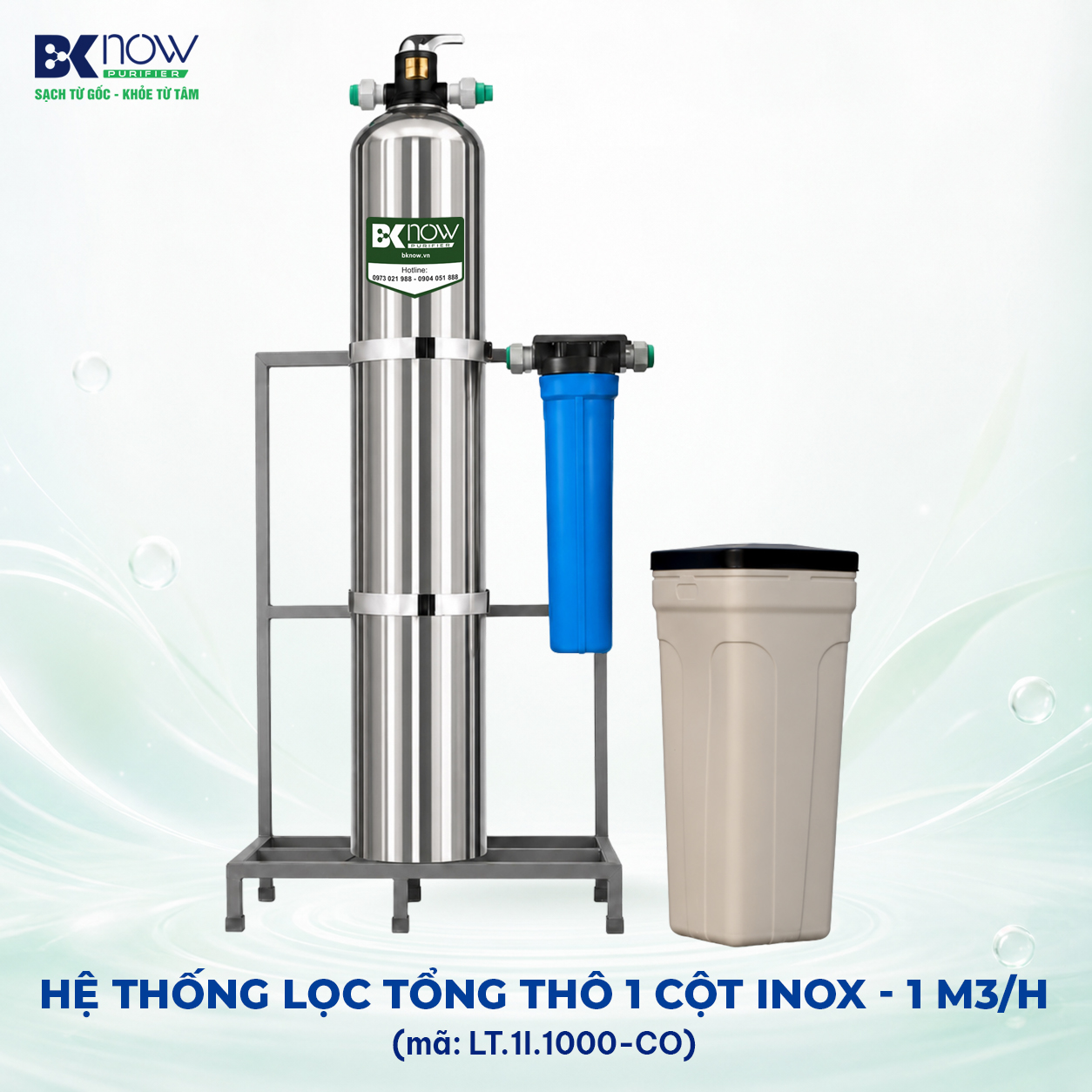 Hệ thống bộ lọc nước thô đầu nguồn 1000 lít/giờ - van tay - 1 cột Inox