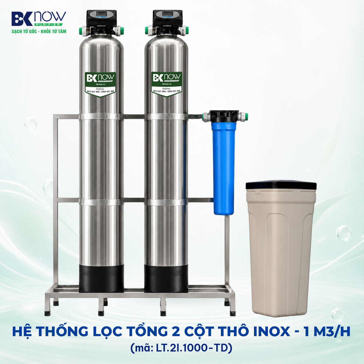 Hệ thống lọc nước giếng khoan gia đình 1000 lít/giờ - Van tự động - 2 cột thô Inox
