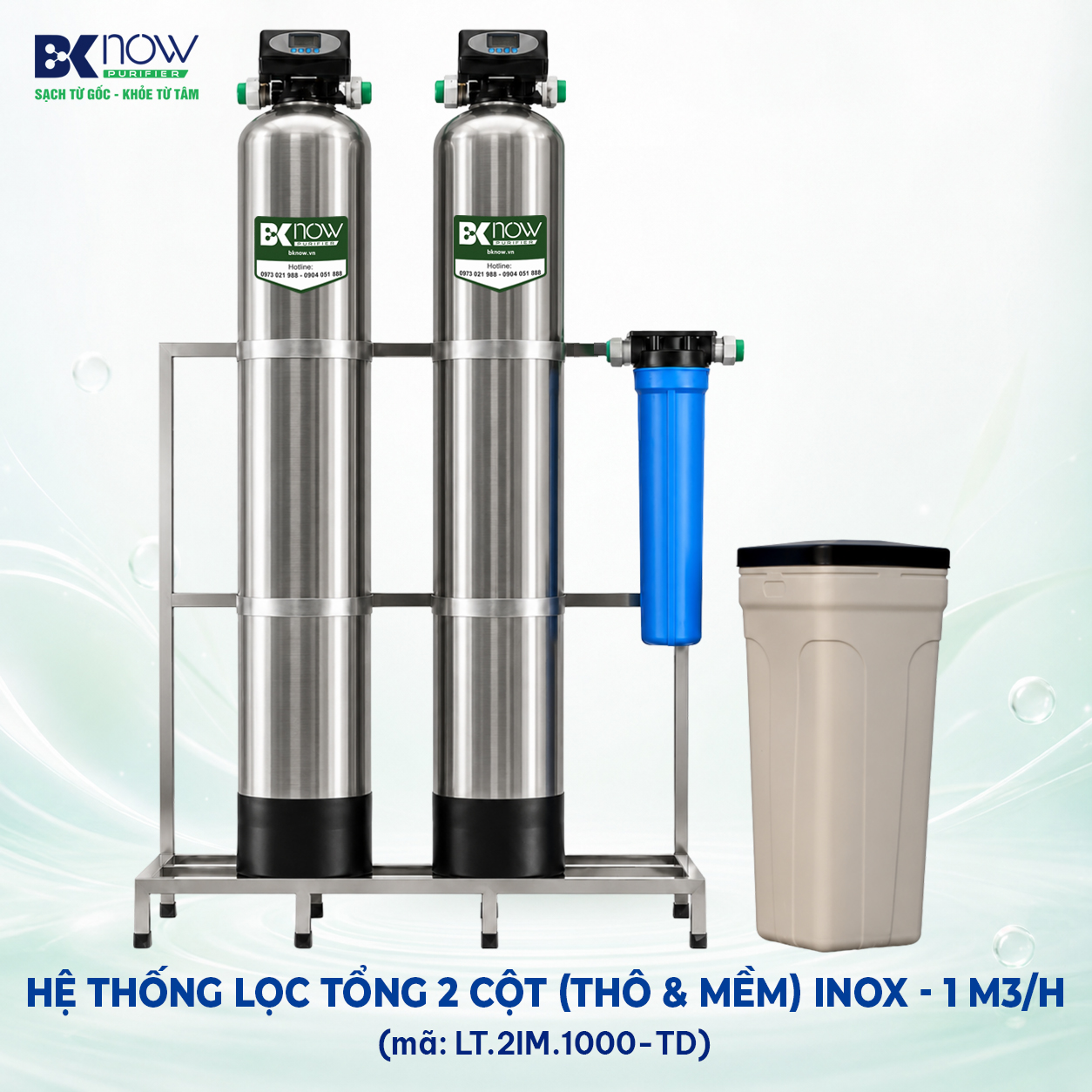 Hệ thống lọc canxi đầu nguồn làm mềm nước 1000 lít/giờ - Van tự động - 2 cột Inox (cột thô và cột làm mềm)