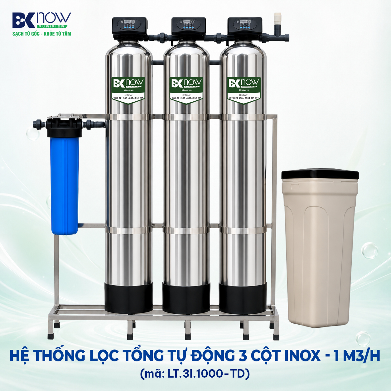 Hệ thống lọc nước đầu nguồn 1000 lít/giờ - Van tự động - 3 cột Inox (2 cột lọc thô và 1 cột làm mềm)